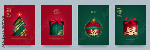A set of Christmas cards. Christmas trees, baubles, and gift boxes cut out of paper on a bright background. An elegant festive design for celebrating the winter holidays and product presentations.