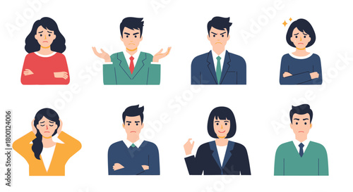 Diverse collection of cartoon avatars portraying various negative human emotions like anger, frustration, and sadness, perfect for profile pictures and depicting displeased emotional states