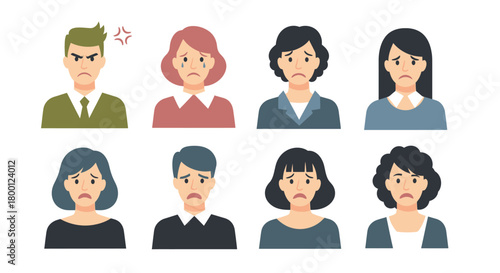 Set of diverse people expressing negative emotions like anger, sadness, and disappointment through facial expressions