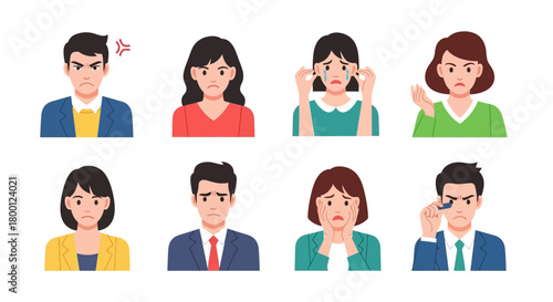 A comprehensive set of flat design cartoon avatars depicting diverse negative emotions and human reactions, including anger, sadness, worry, and frustration, suitable for conveying emotional states
