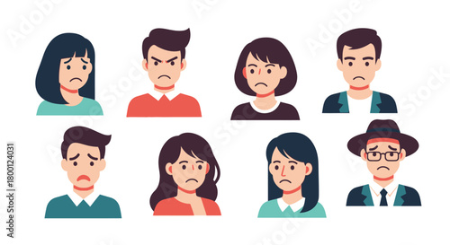 Vector illustration set of various facial expressions conveying feelings of anger and sadness