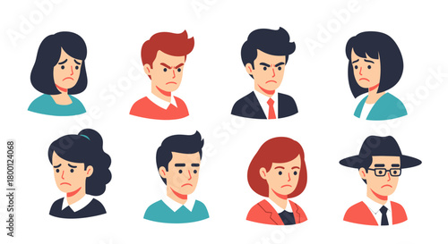 Diverse flat cartoon character avatars displaying various negative emotions such as sadness, anger, and worry, illustrating emotional states and mental health concepts