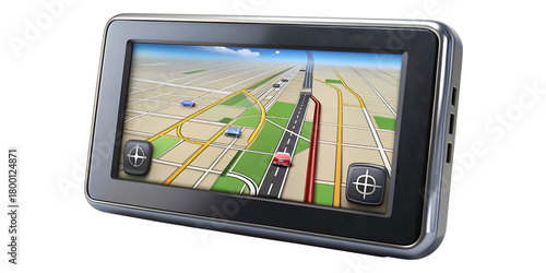Portable gps navigation device displaying a road map with a route highlighted, isolated on transparent background