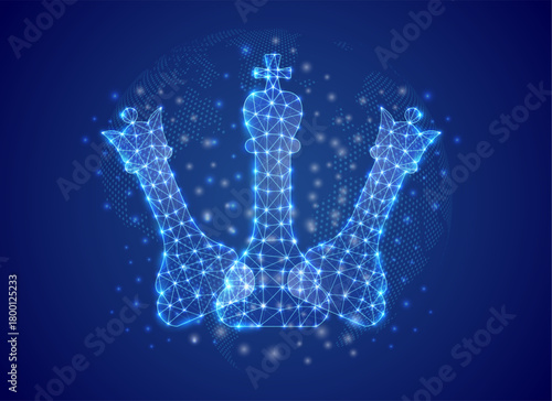 Futuristic glowing polygonal chess kings and queens on a digital background, concept of checkmate, leadership, and strategic intelligence