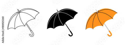 Decorative umbrella icon with layered canopy in outline, black, and orange colors