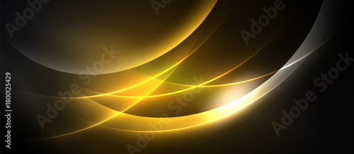 Abstract golden curves illuminate dark background. Smooth lines create dynamic, flowing visual effect. Brightness contrasts sharply with shadows.