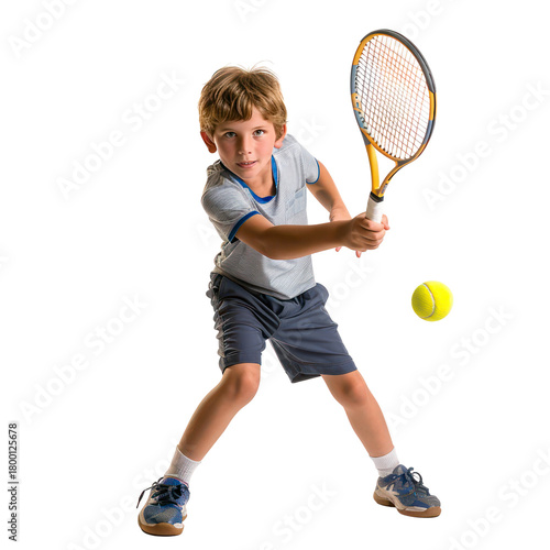 Active Young Boy Playing Tennis in Dynamic Forehand Action on Isolated on transparent Background