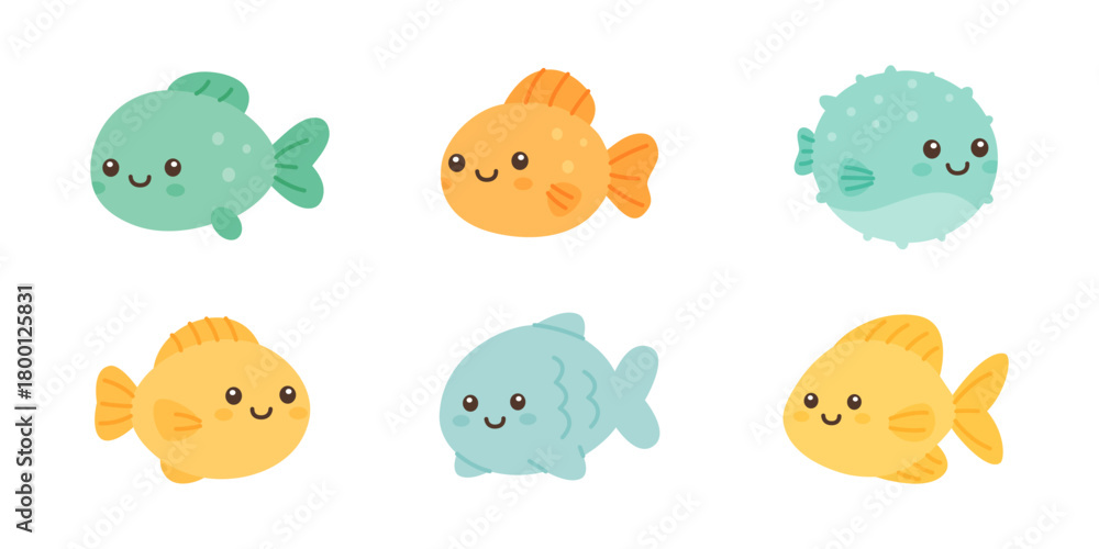 Obraz premium Set of colorful tropical fish. Cute marine animals with happy faces for kids ocean-themed designs