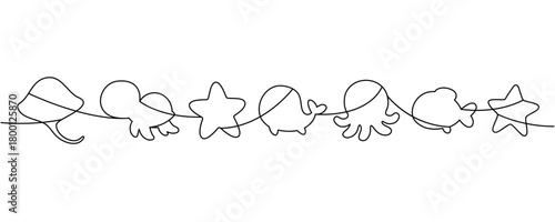 Minimal cute marine animals continuous line art of stingray, whale, fish, starfish, octopus, and other in silhouette style