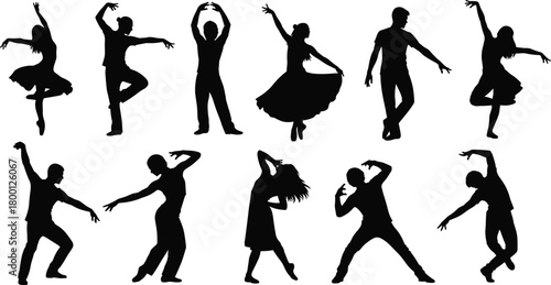 Dance silhouette vector set, dynamic movement poses, black flat design, ballet contemporary partner choreography illustration elements