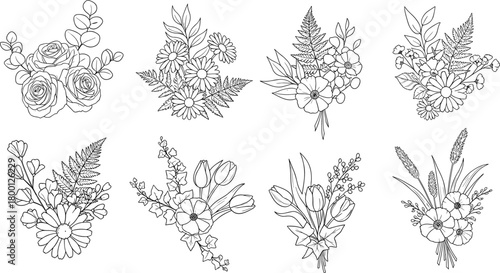 Floral bouquet silhouette vector set, botanical flower and leaf arrangements, black line art, nature illustration elements