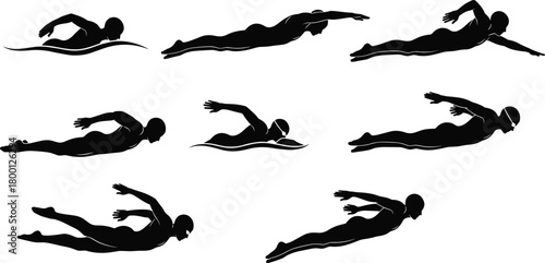 Freestyle swimmer silhouette sequence, swimming motion vector, sports biomechanics illustration, black athlete poses, flat design, stroke technique breakdown