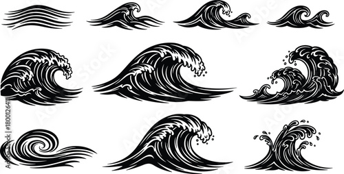 Ocean wave silhouette vector set, black and white design, dynamic water motion, tattoo style, flat graphic illustration elements