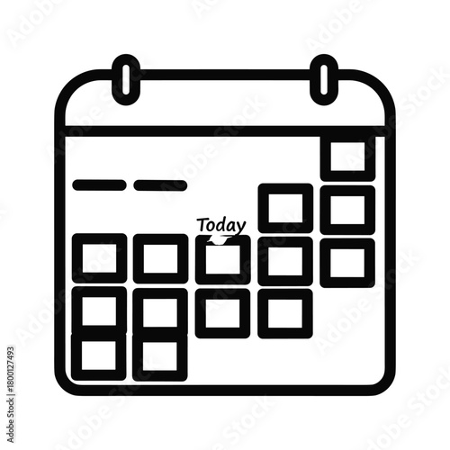Black and white line drawing of a calendar with the word today highlighted, isolated on