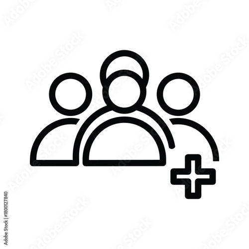 Group of people icon with a plus sign, representing adding new members to a team or community, isolated on