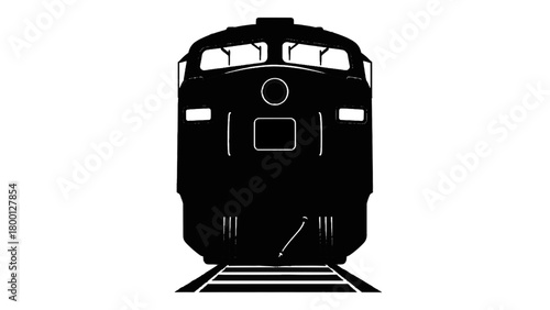 Vector illustration of front view silhouette of a modern diesel locomotive on railroad tracks isolated on transparent background 