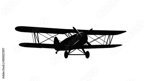 Vector illustration of silhouette of a vintage biplane in flight isolated on transparent background 