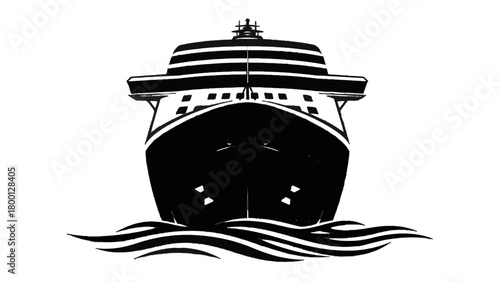 Vector illustration of front view of a large cruise ship sailing on wavy water isolated on transparent background 