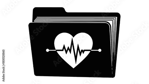 Vector illustration of black silhouette of a medical folder with a heart and ekg line isolated on transparent background 