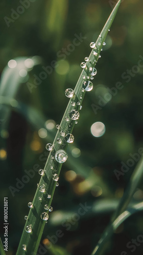 Dew drops on green grass blade