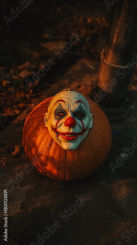 Creepy clown mask on pumpkin for Halloween