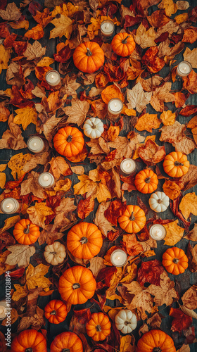 Autumn pumpkins and leaves flat lay with candles