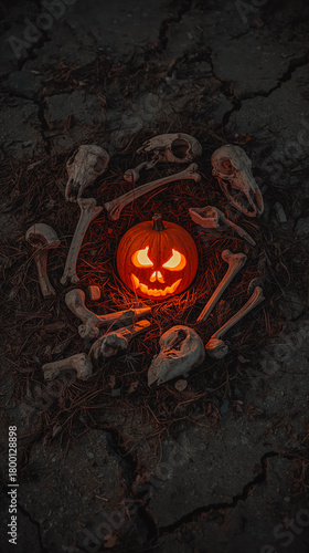 Spooky jack-o'-lantern with bones for Halloween