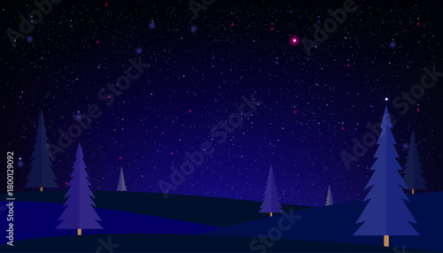 Christmas background,Winter landscape of pine trees under starry night sky,Beautiful minimalist nature,dreamy blue tones,sparkling stars on Dark Blue Sky Galaxy Space,Cloud
