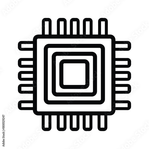 Black outline icon of a computer microchip with multiple pins, isolated on