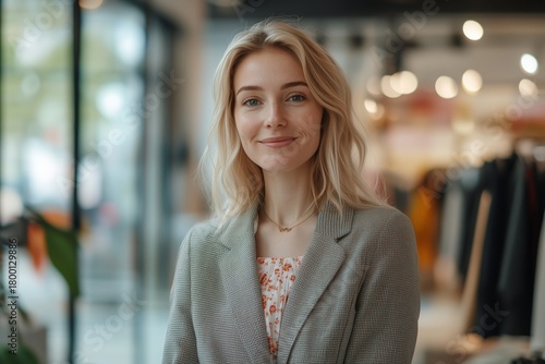 a friendly and attractive saleswoman in a clothing store and boutique