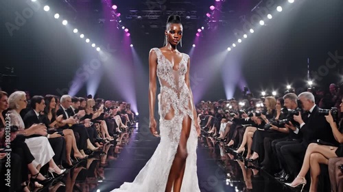 Fashion Runway: Elegant Model Walks Through Paparazzi Flashbulbs