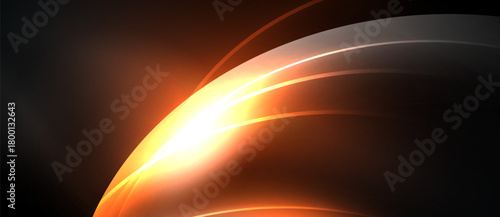 Abstract design features vibrant orange, yellow streaks against dark background. Smooth curves create dynamic, modern visual effect.