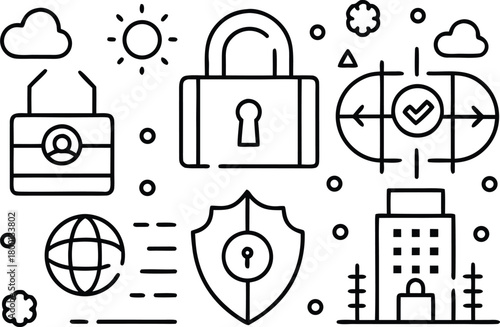 Security and protection icons: padlock, shield, globe, building, cloud, sun