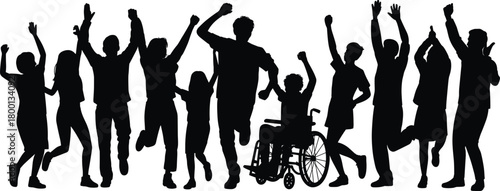 “Diverse group of joyful people celebrating together with inclusive energy, unity, friendship, happiness, teamwork, and community spirit silhouette”