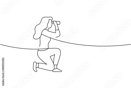 Minimalist line art of a kneeling woman looking through binoculars. Simple outline concept for search, discovery, and exploration themes