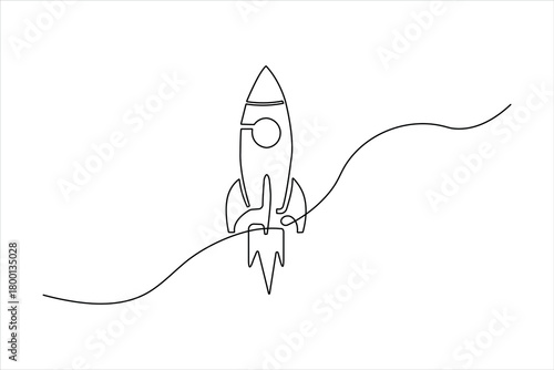Single line drawing of a rocket ship flying through space