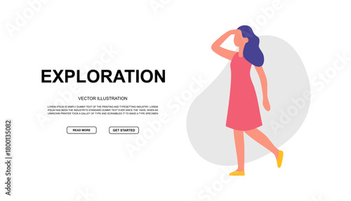 Walking woman shading her eyes. Colorful modern design for exploration and vision concepts