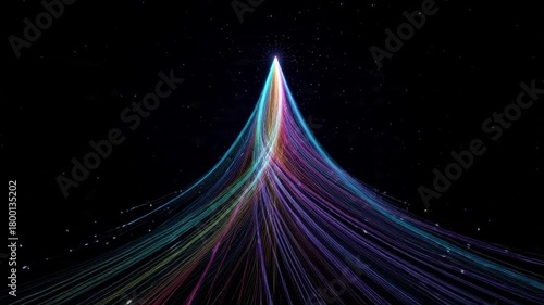 Colorful light beams converge into a bright point against a starry dark background