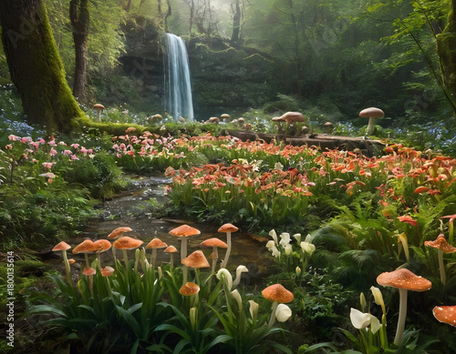 fantastic wonderland landscape with mushrooms, lilies flowers, japanese garden in autumn