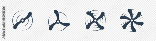 Airplane propeller icons with circular swirl effect. Vector aviation rotor symbol for aircraft, drones, engineering, and transport concepts