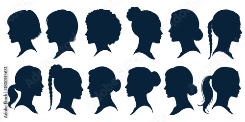 collection of female profile silhouettes with different hairstyles	
