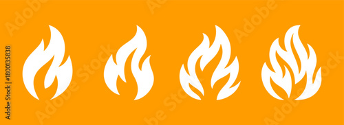 Set of 4 white flame icons on orange background. Vector burning fire symbols for heat, energy, hazard, hot product and safety design
