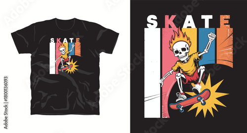 Skate skeleton on skateboard design vector apparel clothing skateboarding skater boarding jumping trick sport extreme leisure activity