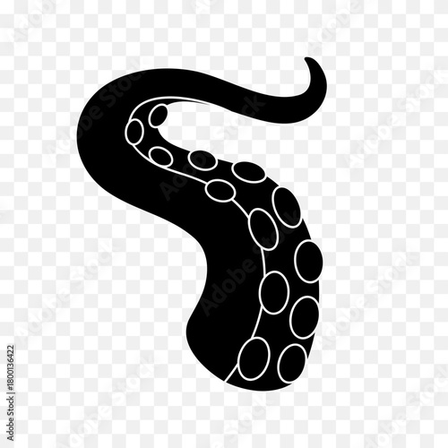 Curved black octopus tentacle with suction cups. Nautical vector line design for tattoos, sea monster art, marine illustrations, and fantasy themes