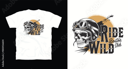 Ride wild boston club grunge t shirt design vector illustration of skull with helmet and goggles in black and gold color on white backdrop