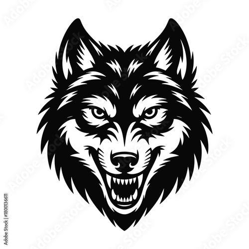 A stylized black and white illustration of a fierce wolf's head with sharp teeth bared.