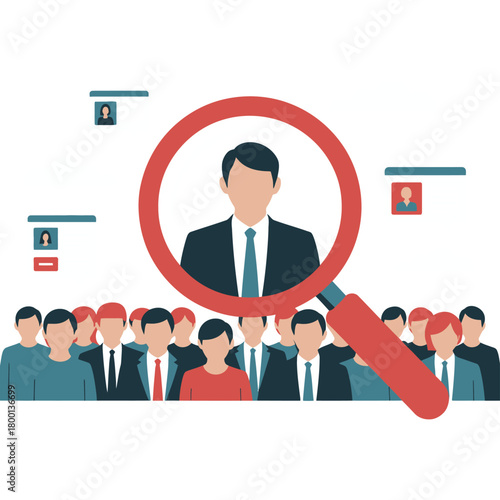 Magnifying glass focuses on one individual within a crowd of diverse people.