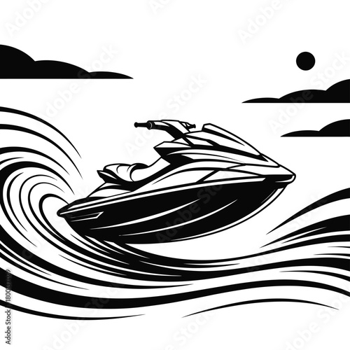 A jet ski glides over stylized waves under a dramatic sky.
