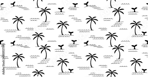 Black and White Tropical Palm Trees and Whale Tails Seamless Pattern