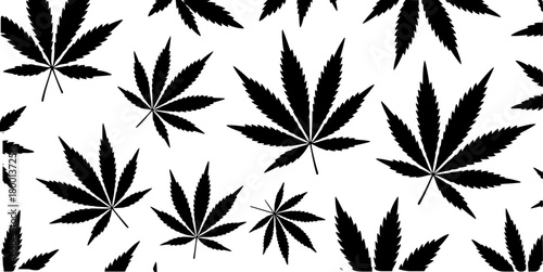 Black Cannabis Leaves Pattern on White Background